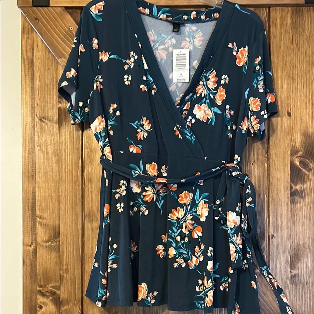 Torrid Blue Floral Wrap Blouse
